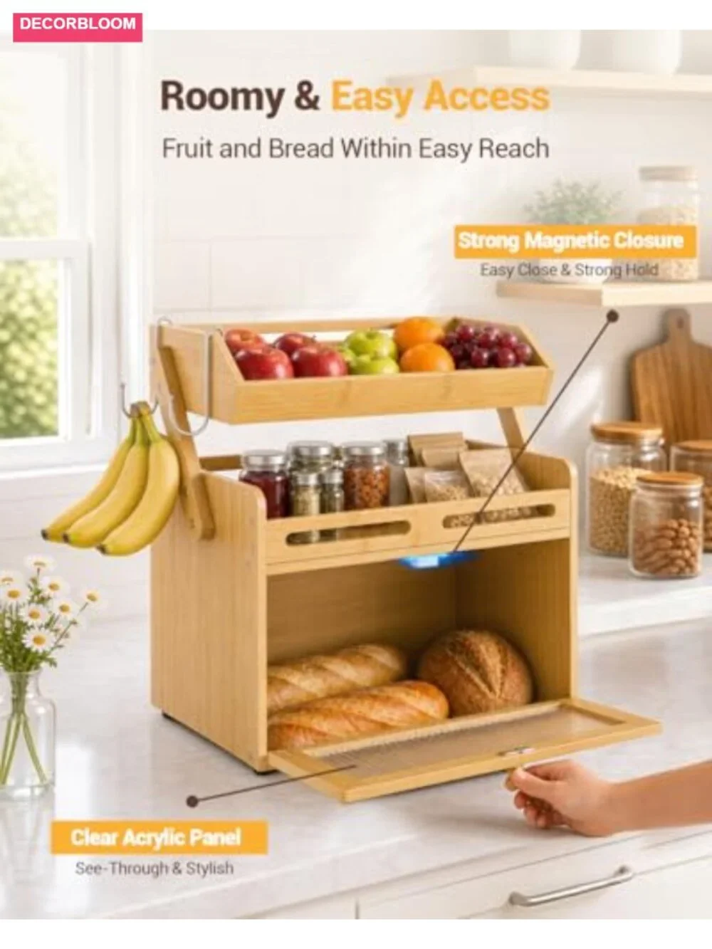 Bamboo Bread Box with Fruit Basket, Clear Door Magnetic Closure, Kitchen